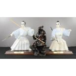 A pair of Samurai Saxony warriors, and resin Japanese figurine.