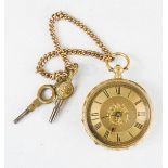 A 19th century 18k gold pocket watch, with fob and keys. 53.9g.