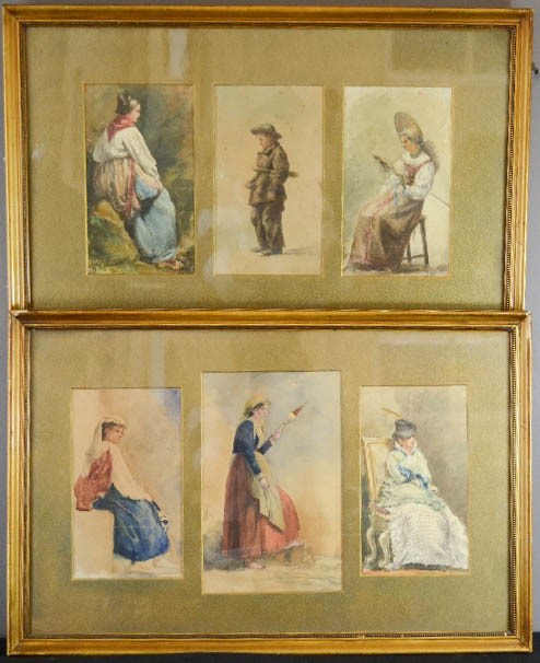 Six watercolour studies depicting various people, framed in threes.