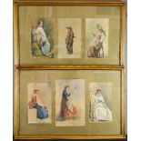 Six watercolour studies depicting various people, framed in threes.