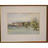A watercolour depicting a country house and grounds.