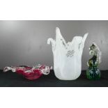 Two Murano glass examples, white glass vase, pink dish and a Mdina paperweight.