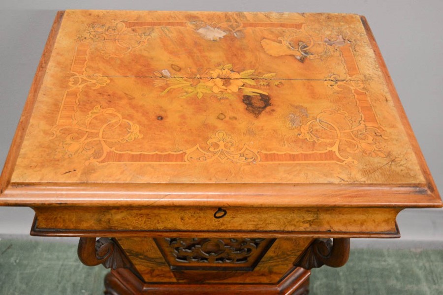 A William IV walnut work table, with a carved decorative base, inlaid top, and fitted interior. - Image 2 of 3