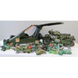 Action Man helicopter, motorbike and side car and matchbox tanks and soldiers.