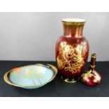 A Carlton ware bleu Royale dish, Crown Devon Fieldings vase, Devon Sylvan lustre bottle vase, 16cm