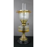A late Victorian oil / paraffin lamp, with iridescent and etched glass shade, inner shade, and