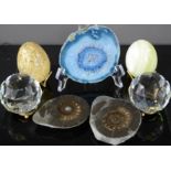 Two polished ammonite fossils, a blue agate slice, two agate eggs on stands, and two crystal faceted