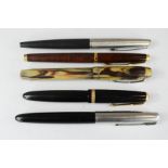 A group of five pens; including a Parker Duofold fountain pen with 14k nib.