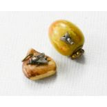 Two shibayama pendants; both in the form of fruit bearing flys, one with mouse inside, 1.3cm and 2cm