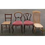 Two Victorian chairs, with velvet seats, together with a pine chair and a further chair. (4)