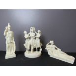 Three Fidias alabaster figurines, classical figures, 25cm high.