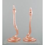 A pair of Czechoslovakian glass snake bud vases / ornaments, hand blown, circa 1950.