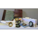A miscellaneous group of items to include oval pictures, photo albums, drawer paper liners, soaps