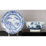 A 19th century blue and white Chinese bowl depciting figures in a garden 20cm diameter, and dish