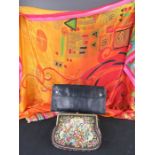 A designer silk square by Gottex, a leather handbag and tapestry handbag.