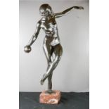 After L. Allios, a bronze figure of a nude woman holding a ball, on a square marble base, signed,