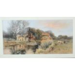 L Burleugh Bruhl (1861-1942): landscape with pond, cattle and dwellings, watercolour.