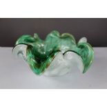 A Murano crimped bowl with green and aventurine on opaline base.