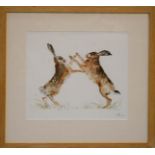 Fighting Hares, original watercolour, monogrammed and dated lower right 2013, 26 by 30cm.