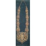 Rajawawan & Tikari, embroidered gold threaded neckpiece, Indian, mounted onto a display board, 90 by