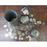 A group of various coins, a leather coin pouch, mostly GB.