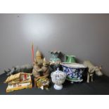 WITHDRAWN ###A group of items to include plant pot, Spanish vase, rhinoceros. cuckoo clock, signed