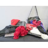 A group of handbags, purses and scarves, some leather including makers such as Pokolinos, Claudio