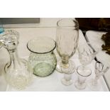A group of glassware to include vase, Edwardian sherry glasses, decanter and 'bubble' vase.