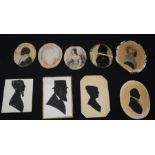 A group of loose miniature portraits on paper, 19th century, and silhouette examples.