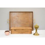 An oak tray and pine wine box, candlestick and Art Nouveau copper pot.