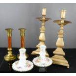 Three pairs of candlesticks, one Crown Devon ceramic examples.