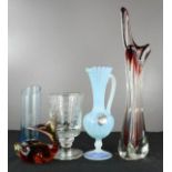 A group of glassware; Murano dolphin, bud vase, Vaseline glass vase and a commemorative beaker.