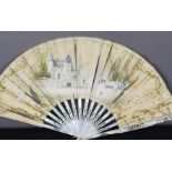 A Victorian fan, hand painted with a chateau.