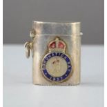 A sterling silver vesta case marked 925, with commemorative Coronation day enamelled front, 0.