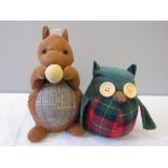 Two doorstops; one in the form of a squirrel, the other an owl, both composed of fabric and sand