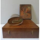 An antique oak box with inner slide, leather tooled blotter and a Victorian copper carriage warmer.