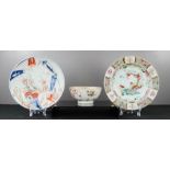 Two Chinese dishes, one enamelled with deer, together with an 18th century Chinese bowl A/F, the