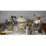 A group of silver plated items to include presentation inscription, part tea service etc.