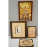 A group of religious pictures including an embroidery in mahogany frame.