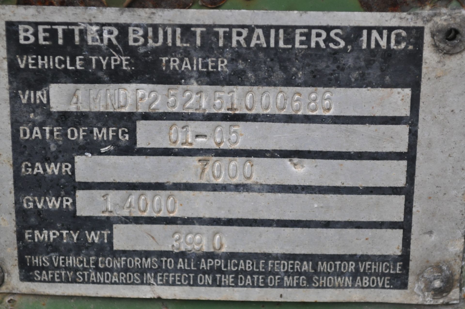 2005 Better Built Pintle hitch trailer, tandem axle single wheels, 14,000 GVW, 19.5’ deck, 5’ dove - Image 2 of 6