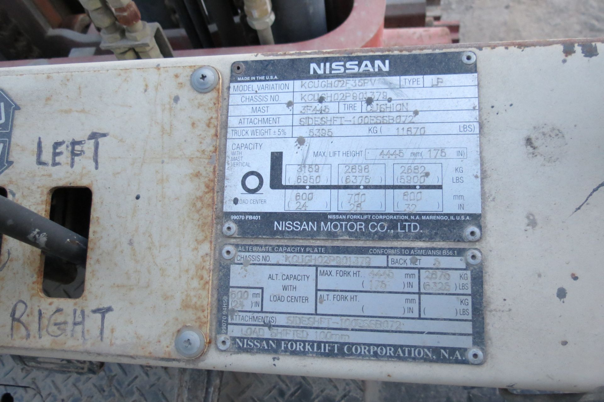 Nissan 80 forklift, 6950 lb cap, 3 stage mast, solid tire, LP, sideshift, 2 speed, sells with LP - Image 9 of 9