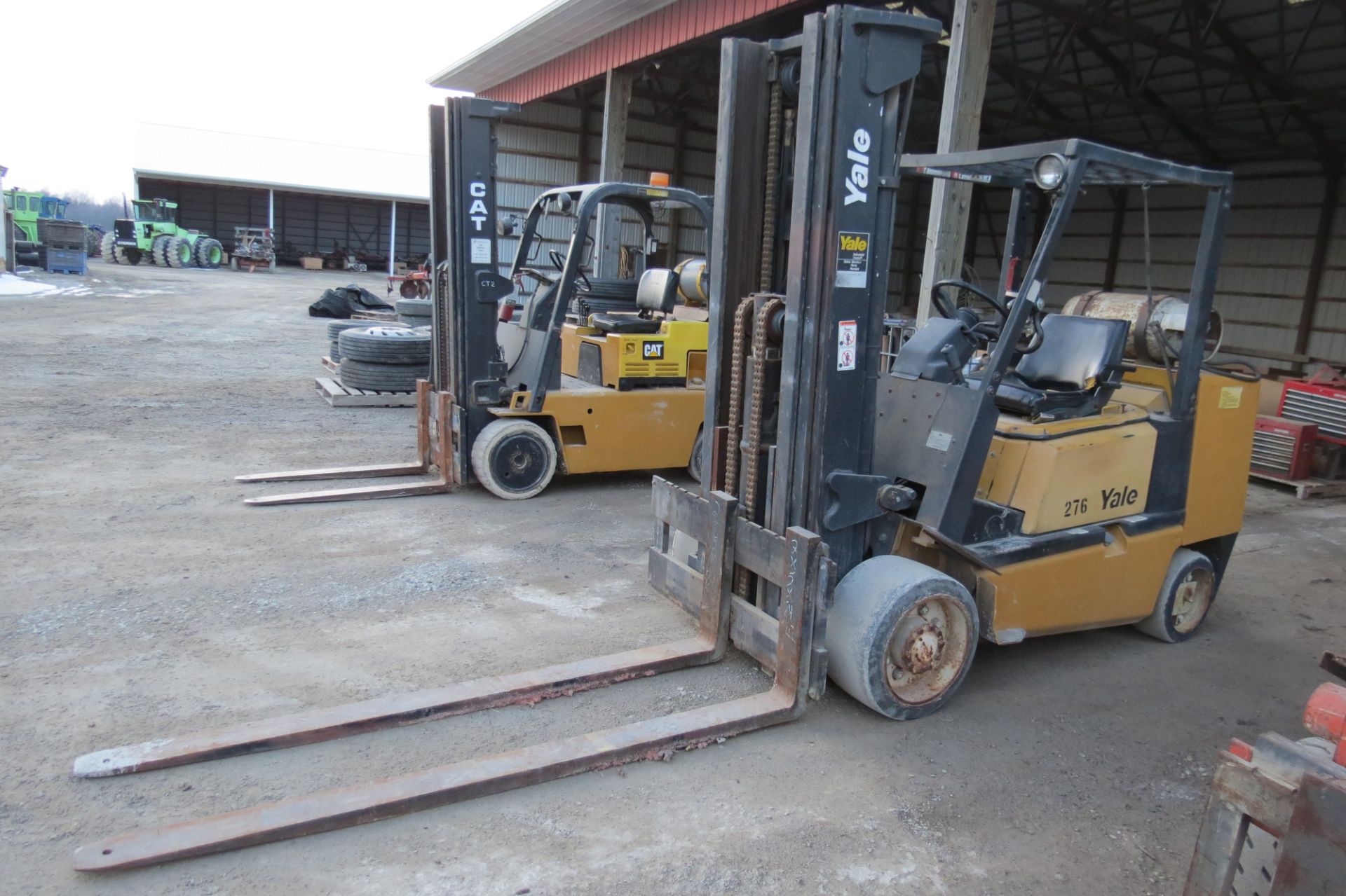 Yale forklift, 4500 lb cap, 3 stage mast, solid tires, LP, 7’ forks, sells with LP tank