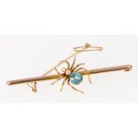 9ct yellow gold bar brooch with spider set with vibrant blue green stone and pearl,