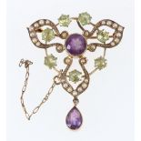 9ct yellow gold openwork brooch pendant set with amethyst, peridot and seed pearls. 3.6g, 3.