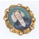 Victorian pinchbeck or gilt metal mourning brooch pendant with portrait miniature (perhaps on