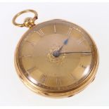 18ct gold open faced key winding pocket watch with engraved dial. 66.