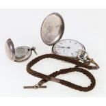 Victorian silver hunter cased key winding pocket watch with woven hair albert and a silver