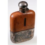 Glass and silver hip flask with leather top, bayonet cap and detachable cup by Dixons,