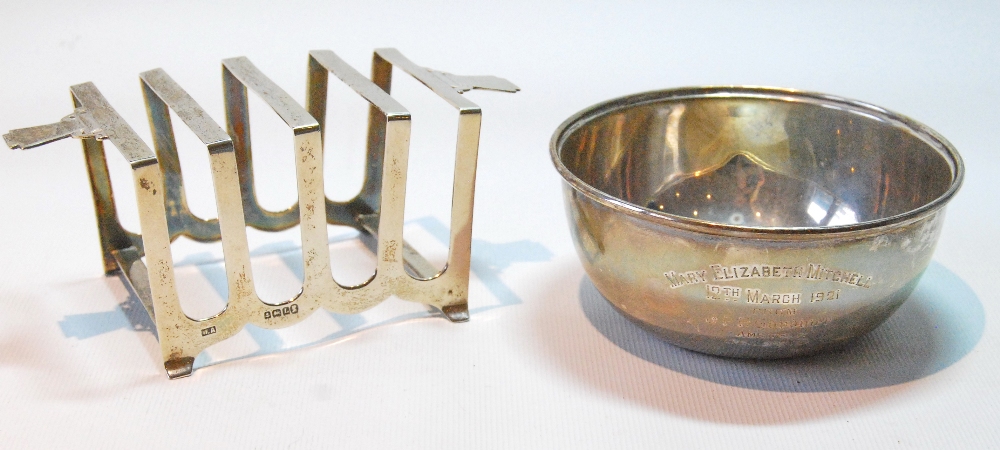 Silver toast rack of Art Deco style, slightly arched, for four, Jubilee Marks, Birmingham 1935,
