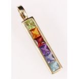 Gold pendant with a line of six square tourmalines in various shades, '750'.